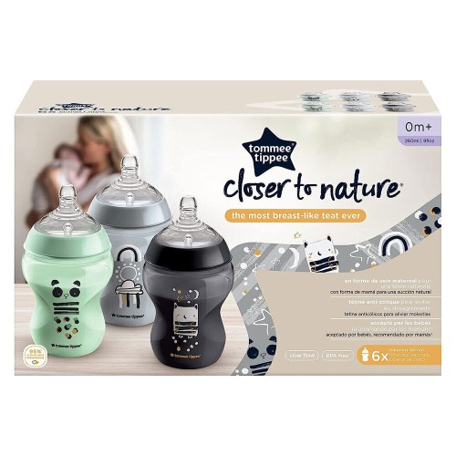 Tommee Tippee Closer To Nature Feeding Bottles, 6 Pack (Assorted Colours) -  260mL